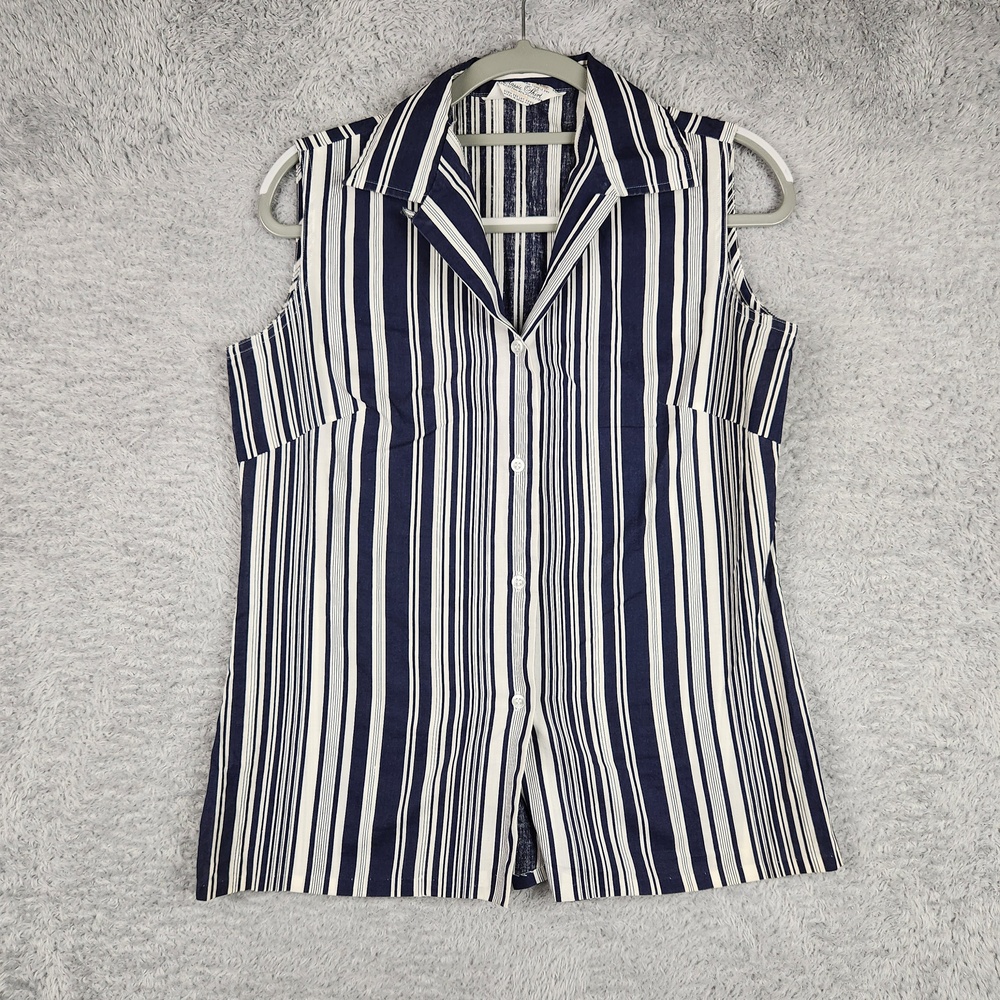 True Vintage Striped Shirt Womens 14 Blue Sleeveless Loop Collar Nautical 60s